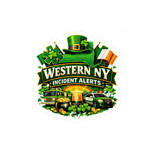 Western NY Incident Alerts Kiss-Cut Vinyl Sticker — St. Patrick’s Themed Emergency Vehicles Design