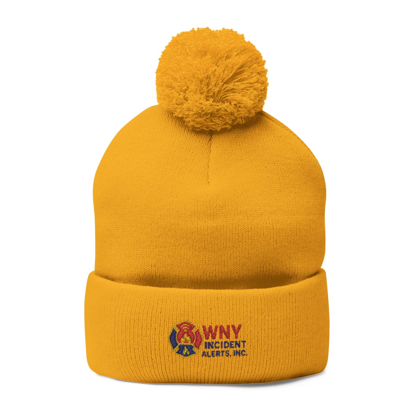 Embroidered Pom-Pom Knit Cap — Cozy Winter Beanie with Cuffed Logo