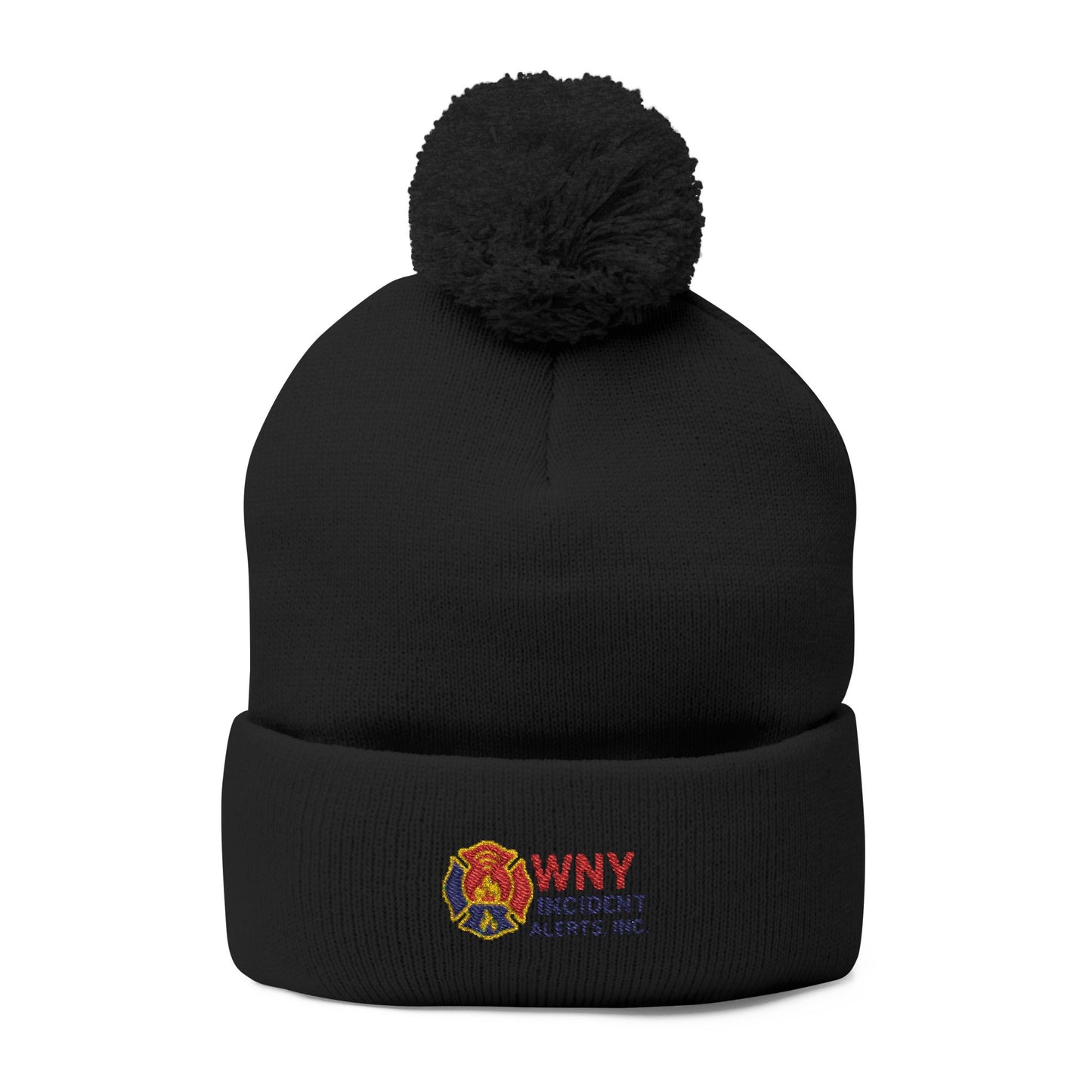 Embroidered Pom-Pom Knit Cap — Cozy Winter Beanie with Cuffed Logo