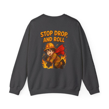 Firefighter Crewneck Sweatshirt — "Stop, Drop, and Roll" Graphic