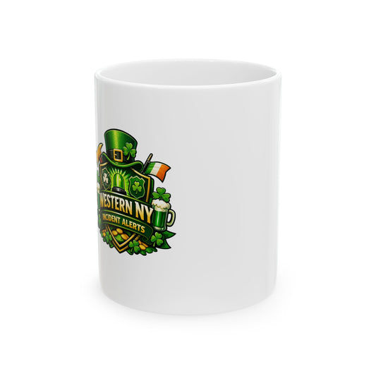 St. Patrick's Day Shamrock Mug — Western NY Accident Alerts Ceramic Coffee Cup (11oz/15oz)