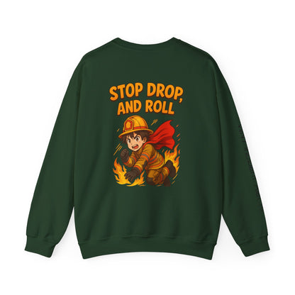 Firefighter Crewneck Sweatshirt — "Stop, Drop, and Roll" Graphic