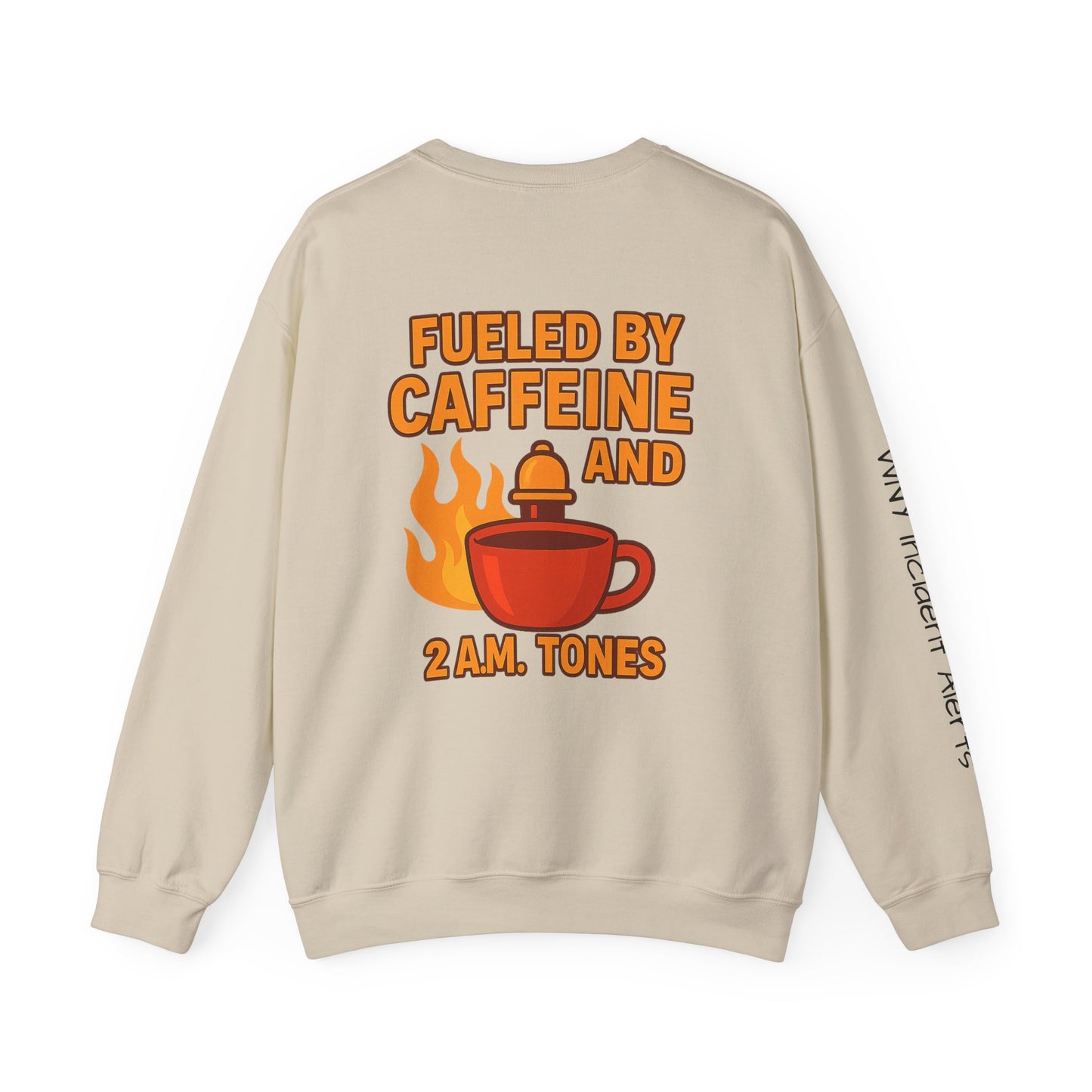 Fueled by Caffeine Crewneck Sweatshirt — Coffee & 2 A.M. Tones Fire Graphic