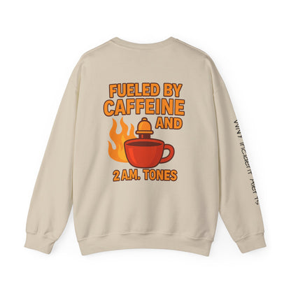 Fueled by Caffeine Crewneck Sweatshirt — Coffee & 2 A.M. Tones Fire Graphic