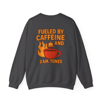 Fueled by Caffeine Crewneck Sweatshirt — Coffee & 2 A.M. Tones Fire Graphic
