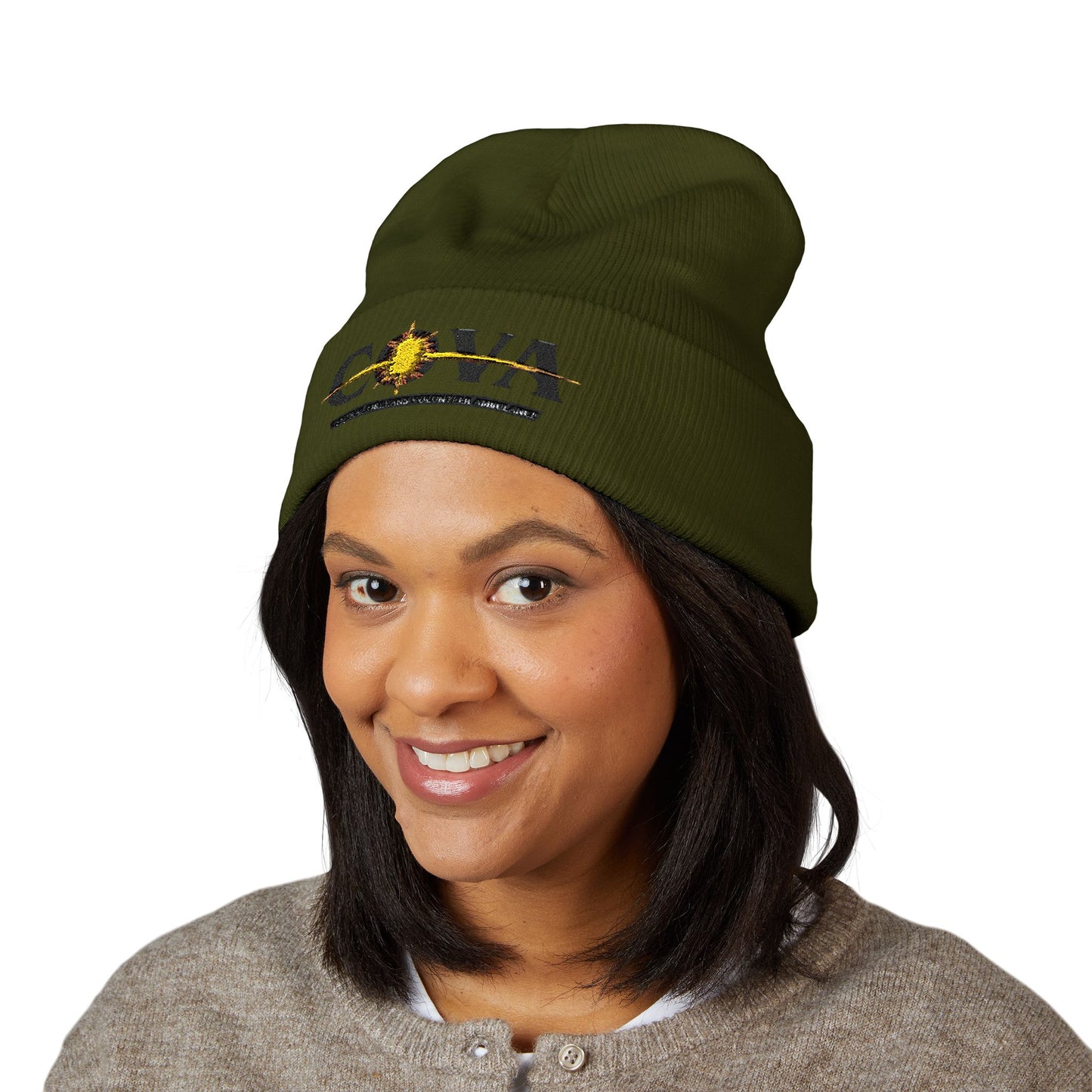 COVA Sun Logo Cuffed Beanie — Embroidered Winter Hat