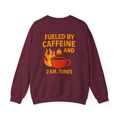 Fueled by Caffeine Crewneck Sweatshirt — Coffee & 2 A.M. Tones Fire Graphic