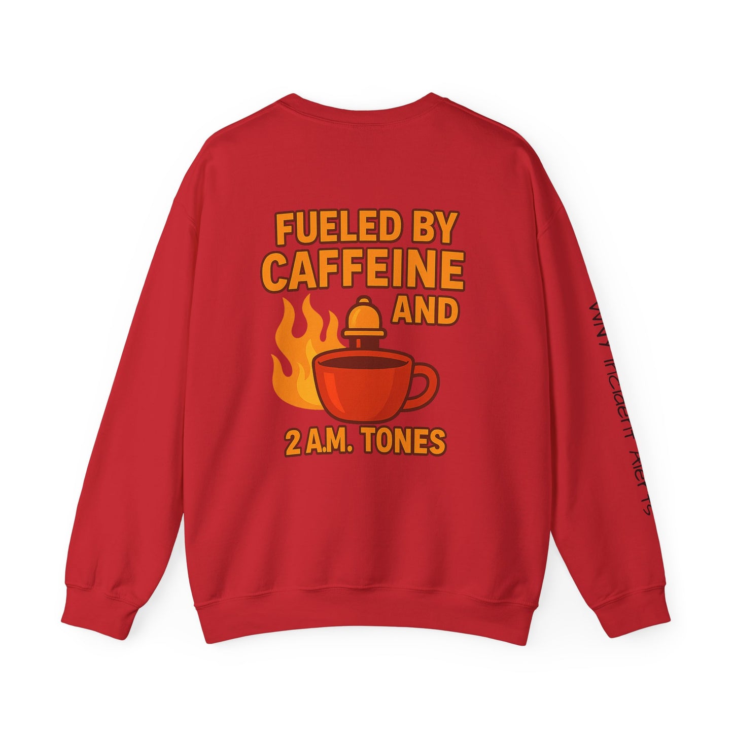 Fueled by Caffeine Crewneck Sweatshirt — Coffee & 2 A.M. Tones Fire Graphic