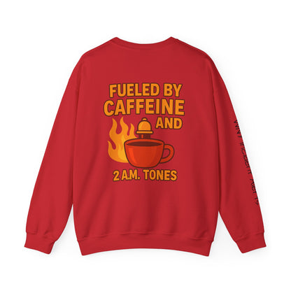 Fueled by Caffeine Crewneck Sweatshirt — Coffee & 2 A.M. Tones Fire Graphic