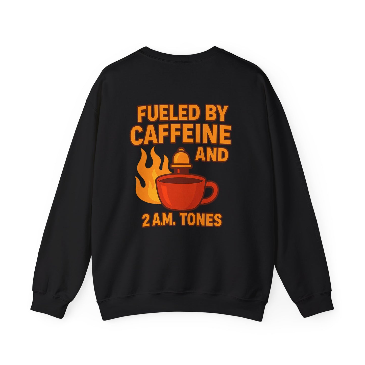 Fueled by Caffeine Crewneck Sweatshirt — Coffee & 2 A.M. Tones Fire Graphic