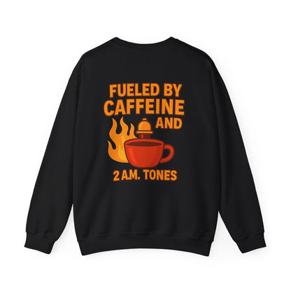 Fueled by Caffeine Crewneck Sweatshirt — Coffee & 2 A.M. Tones Fire Graphic