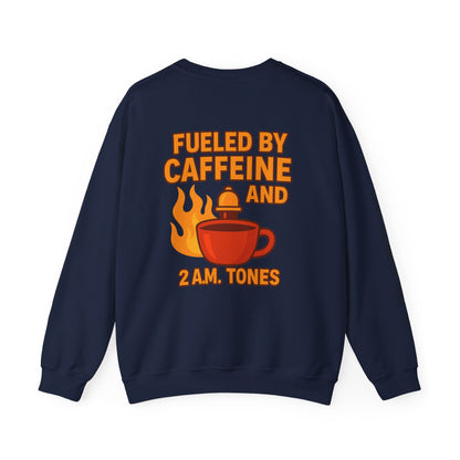 Fueled by Caffeine Crewneck Sweatshirt — Coffee & 2 A.M. Tones Fire Graphic