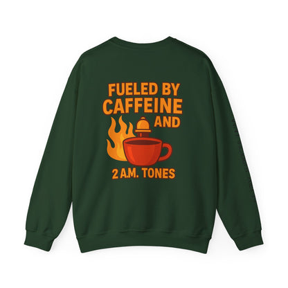 Fueled by Caffeine Crewneck Sweatshirt — Coffee & 2 A.M. Tones Fire Graphic