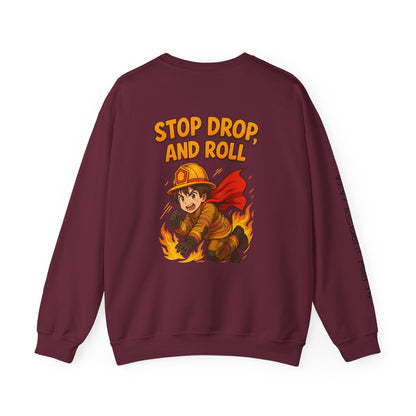 Firefighter Crewneck Sweatshirt — "Stop, Drop, and Roll" Graphic