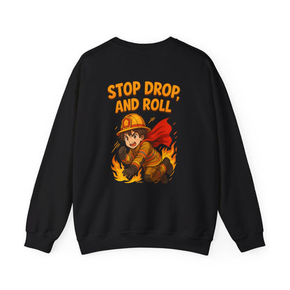 Firefighter Crewneck Sweatshirt — "Stop, Drop, and Roll" Graphic