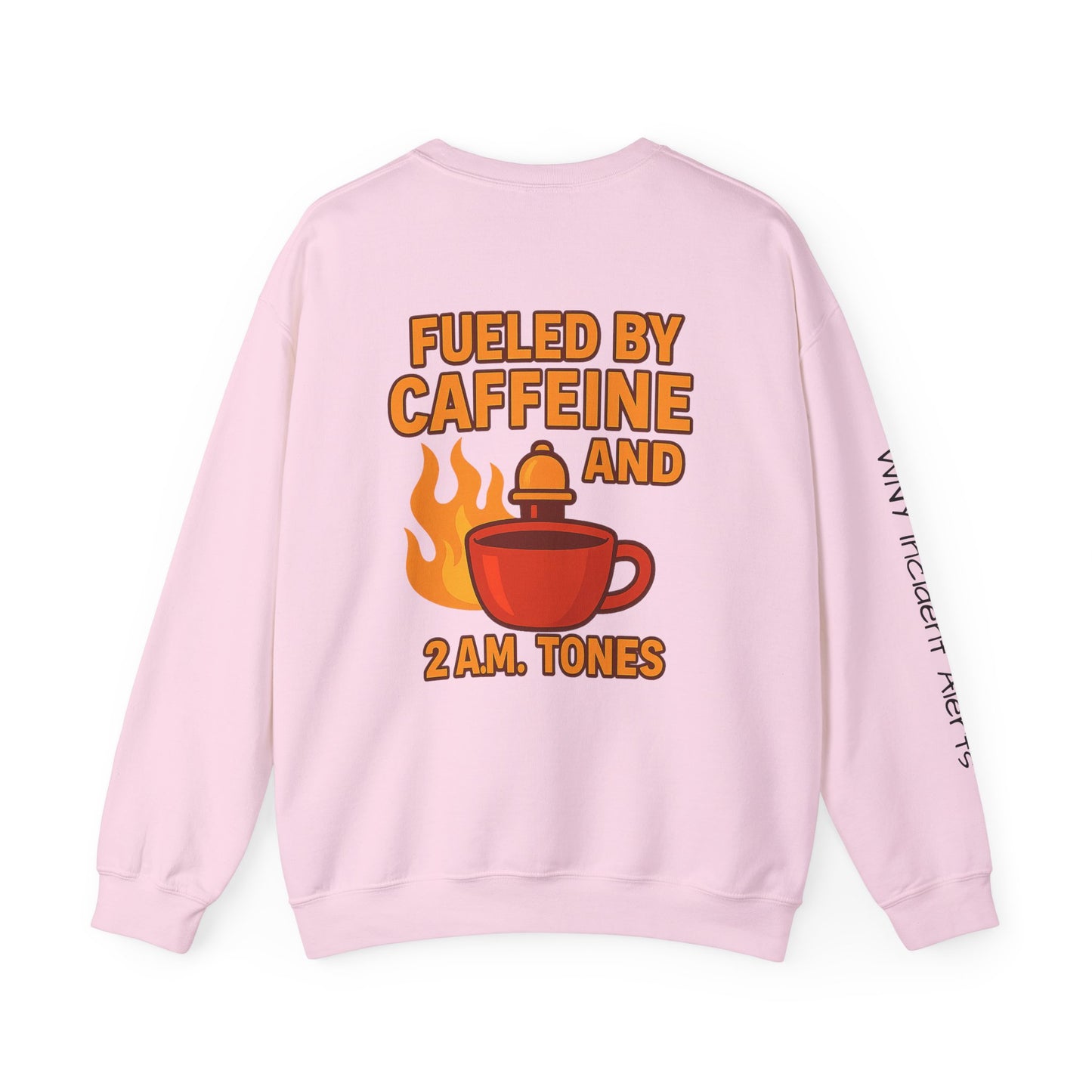 Fueled by Caffeine Crewneck Sweatshirt — Coffee & 2 A.M. Tones Fire Graphic