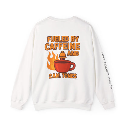 Fueled by Caffeine Crewneck Sweatshirt — Coffee & 2 A.M. Tones Fire Graphic