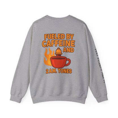 Fueled by Caffeine Crewneck Sweatshirt — Coffee & 2 A.M. Tones Fire Graphic