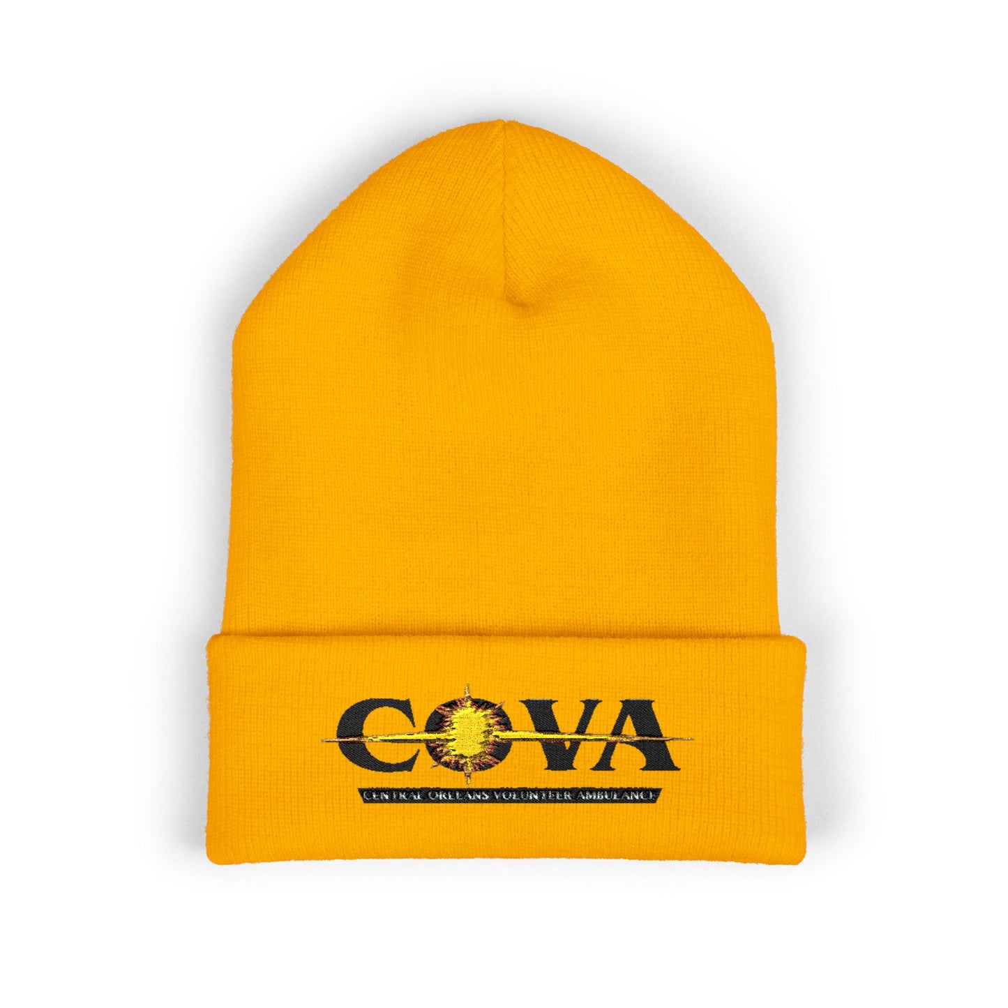 COVA Sun Logo Cuffed Beanie — Embroidered Winter Hat